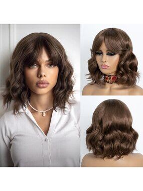 Women's Brown Shoulder Ombre Bob Party Wig with Bangs Short Curly Synthetic